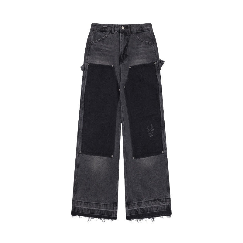 Retro Raw Edges Design Stitching Patchwork Straight Slimming Trousers